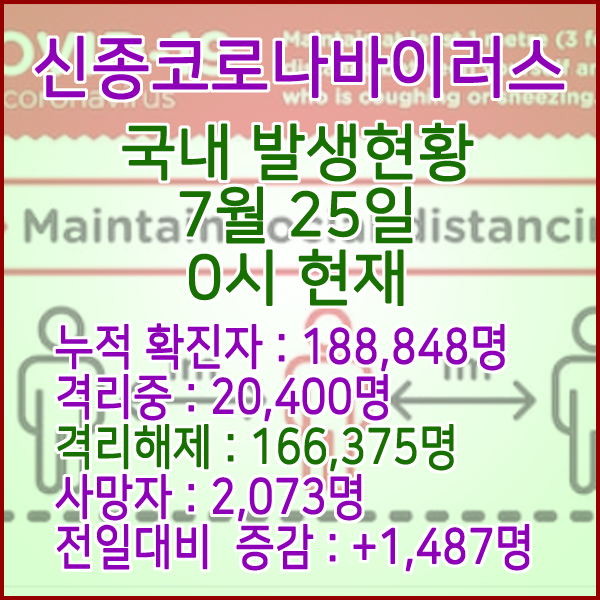  코로나19(코로나바이러스) 7월 25일 0시 국내(해외포함) 발병 188,848명 / 166,375명 완치 격리해제 / 사망자 2,073명