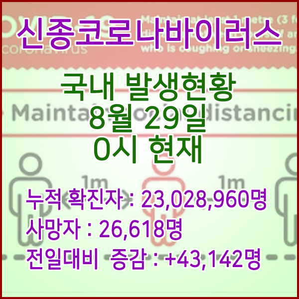  코로나19(코로나바이러스) 8월 29일 0시 신규확진자 43,142명 / 사망자 26,618명
