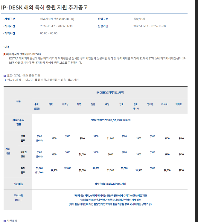 IP-DESK 해외 특허 출원 지원 추가 공고