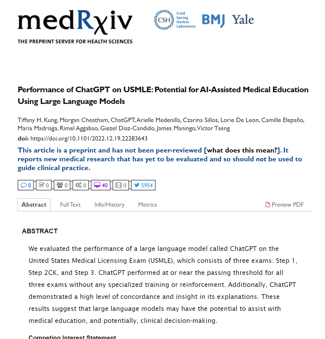  Chat GPT가 미국 의사 면허 시험(USMLE)을 무난히 통과할 수 있을까?