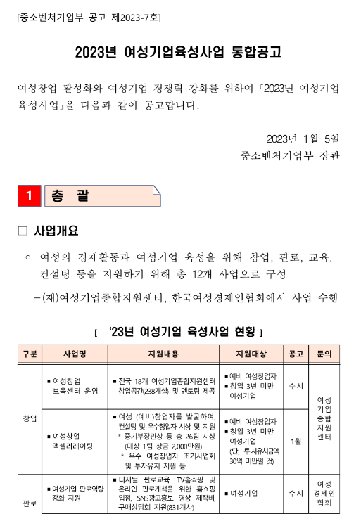 여성 CEO 비즈니스 아카데미(2023년 여성기업육성사업 통합 공고)