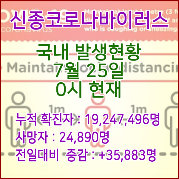  코로나19(코로나바이러스) 7월 25일 0시 신규확진자 35,883명 / 사망자 24,890명