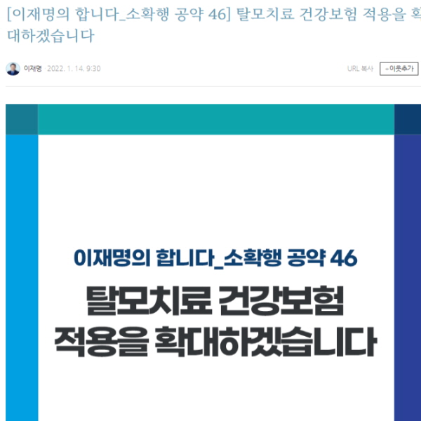  탈모치료 건강보험 적용. 이재명 대선후보 공약.