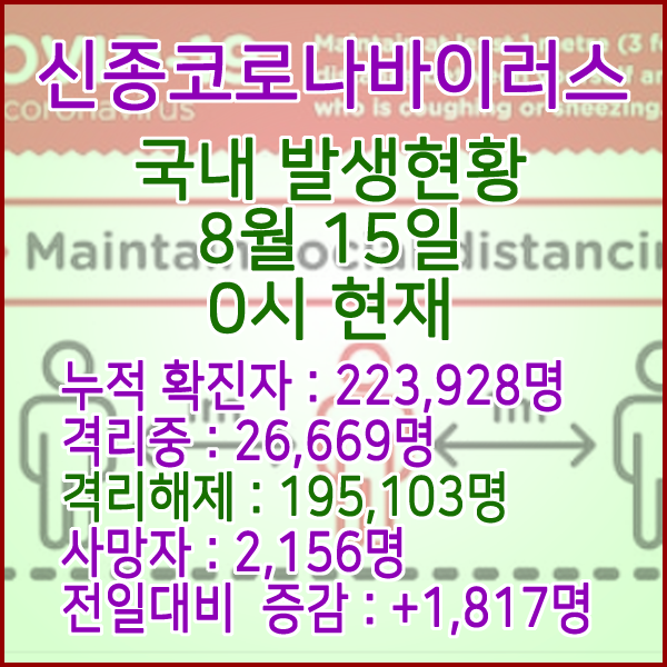  코로나19(코로나바이러스) 8월 15일 0시 국내(해외포함) 발병 223,928명 / 195,103명 완치 격리해제 / 사망자 2,156명