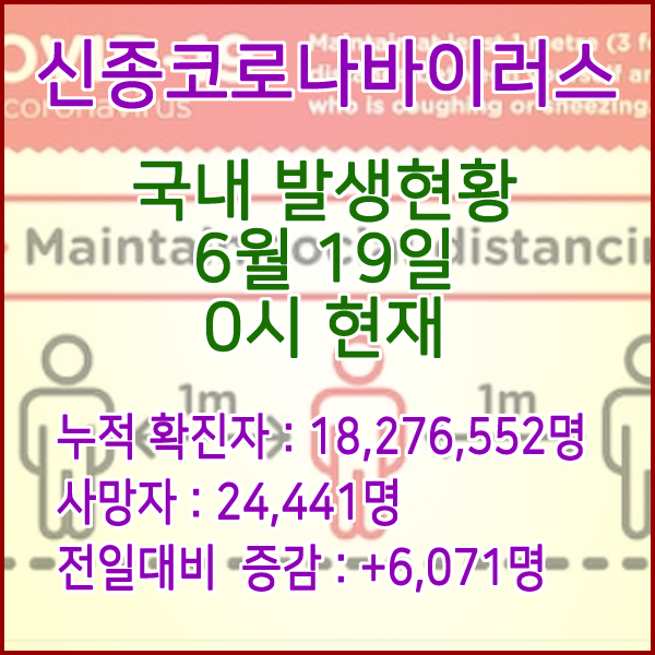  코로나19(코로나바이러스) 6월 19일 0시 신규확진자 6,071명 / 사망자 24,441명