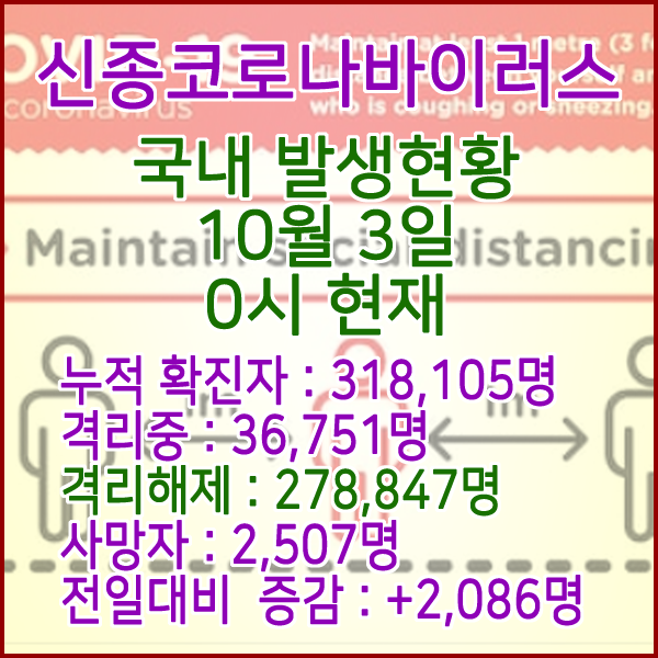 코로나19(코로나바이러스) 10월 3일 0시 국내(해외포함) 발병 318,105명 / 278,847명 완치 격리해제 / 사망자 2,507명