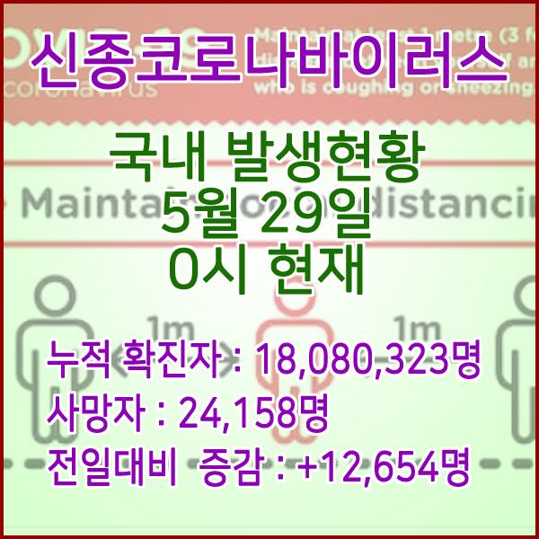  코로나19(코로나바이러스) 5월 29일 0시 신규확진자 12,654명 / 사망자 24,158명