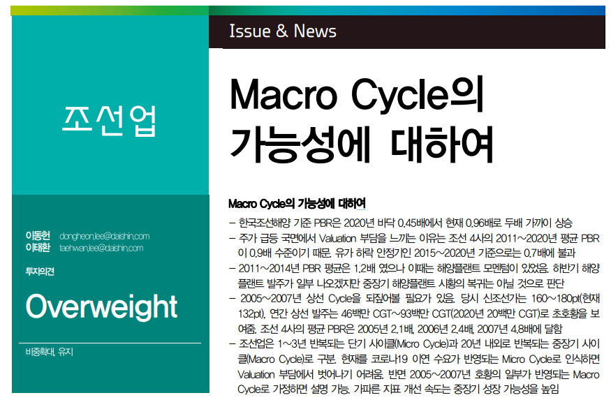  조선, Macro Cycle 가능성에 대하여 - 대신증권