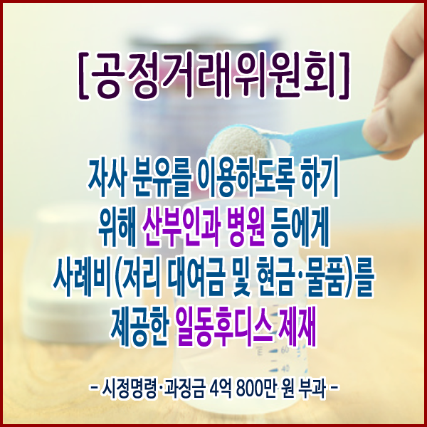  [공정거래위원회] 자사 분유를 이용하도록 하기 위해 산부인과 병원 등에게 사례비(저리 대여금 및 현금․물품)를 제공한 일동후디스 제재