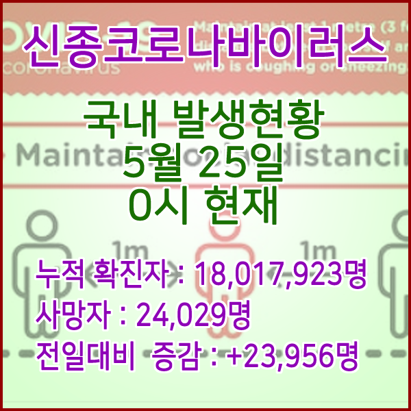  코로나19(코로나바이러스) 5월 25일 0시 신규확진자 23,956명 / 사망자 24,029명