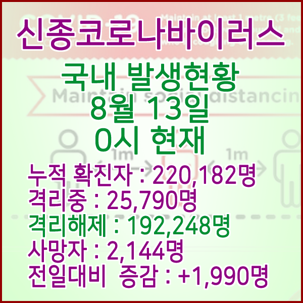 코로나19(코로나바이러스) 8월 13일 0시 국내(해외포함) 발병 220,182명 / 192,248명 완치 격리해제 / 사망자 2,144명