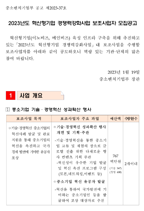 2023년 혁신형기업 경쟁력강화사업 보조사업자 모집 공고