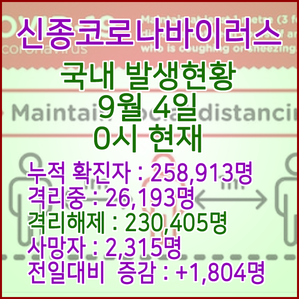  코로나19(코로나바이러스) 9월 4일 0시 국내(해외포함) 발병 258,913명 / 230,405명 완치 격리해제 / 사망자 2,315명