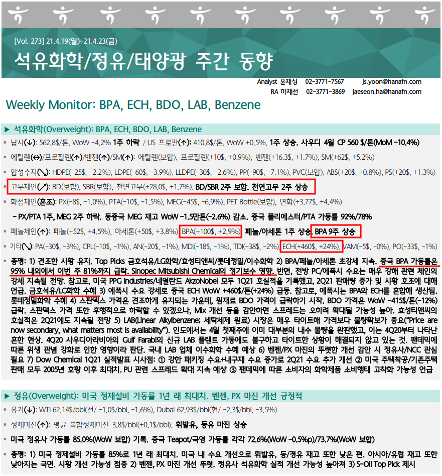  석유화학 주간 동향 - 210425