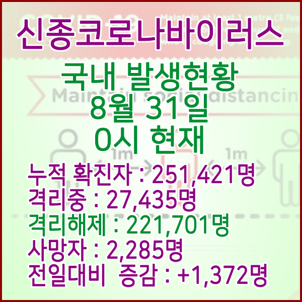  코로나19(코로나바이러스) 8월 31일 0시 국내(해외포함) 발병 251,421명 / 221,701명 완치 격리해제 / 사망자 2,285명
