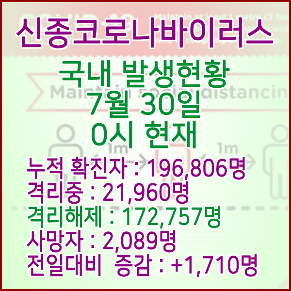  코로나19(코로나바이러스) 7월 30일 0시 국내(해외포함) 발병 196,806명 / 172,757명 완치 격리해제 / 사망자 2,089명