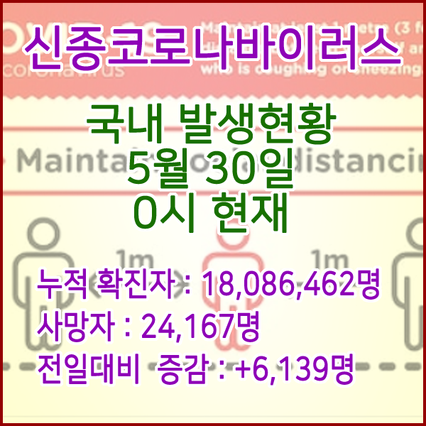  코로나19(코로나바이러스) 5월 30일 0시 신규확진자 6,139명 / 사망자 24,167명