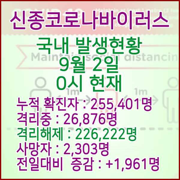  코로나19(코로나바이러스) 9월 2일 0시 국내(해외포함) 발병 255,401명 / 226,222명 완치 격리해제 / 사망자 2,303명