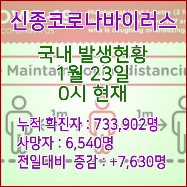  코로나19(코로나바이러스) 1월 23일 0시 신규확진자 7,630명 / 사망자 6,540명