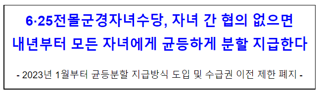 6·25전몰군경자녀수당, 자녀 간 협의 없으면 내년부터 모든 자녀에게 균등 분할 지급