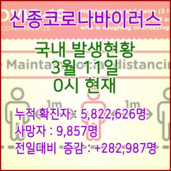  코로나19(코로나바이러스) 3월 11일 0시 신규확진자 282,987명 / 사망자 9,875명