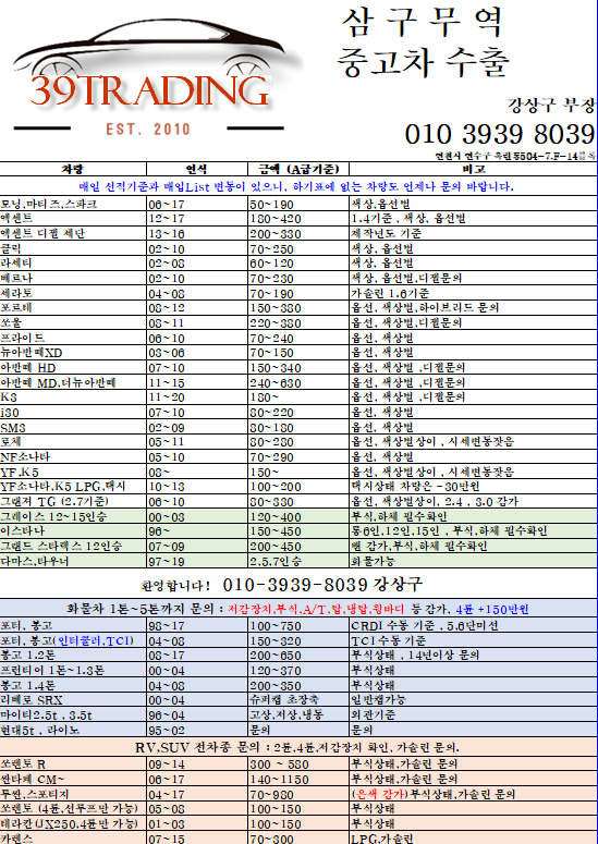  2021년 05월 중고차수출 시세 (개인기준)
