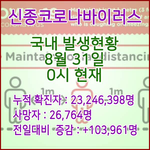  코로나19(코로나바이러스) 8월 30일 0시 신규확진자 115,638명 / 사망자 26,689명