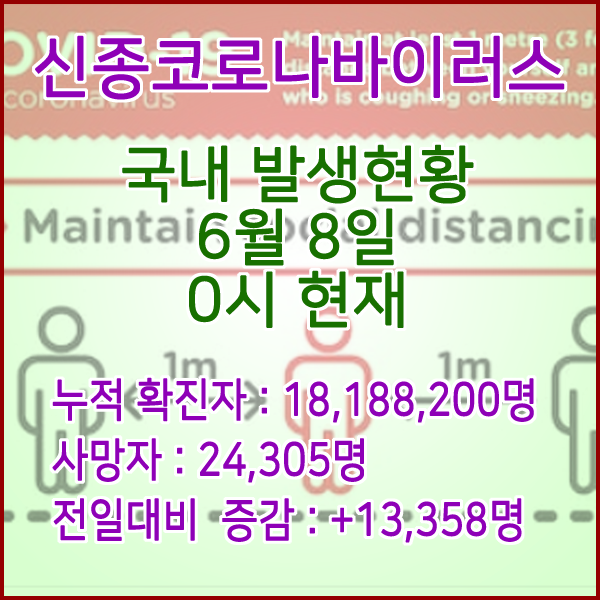  코로나19(코로나바이러스) 6월 8일 0시 신규확진자 13,358명 / 사망자 24,305명