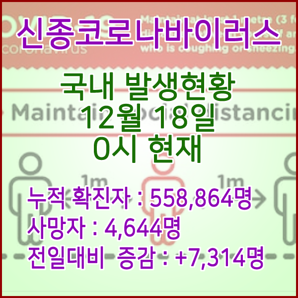  코로나19(코로나바이러스) 12월 18일 0시 신규확진자 7,314명 / 사망자 4,644명