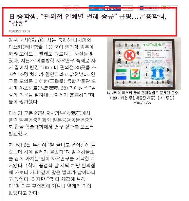 편의점 업체별 모여드는 벌레 종류를 다 규명한 일본 어느 중학생 스시남 곤충 오타쿠의 위엄