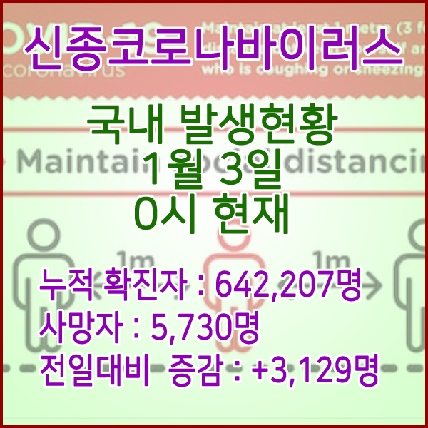  코로나19(코로나바이러스) 1월 3일 0시 신규확진자 3,129명 / 사망자 5,730명