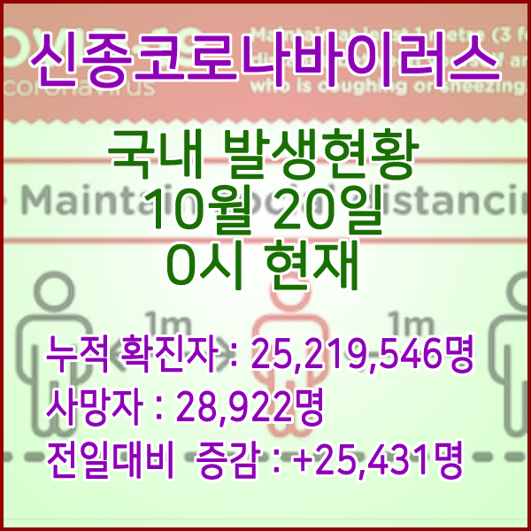  코로나19(코로나바이러스) 10월 20일 0시 신규확진자 25,431명 / 사망자 28,922명