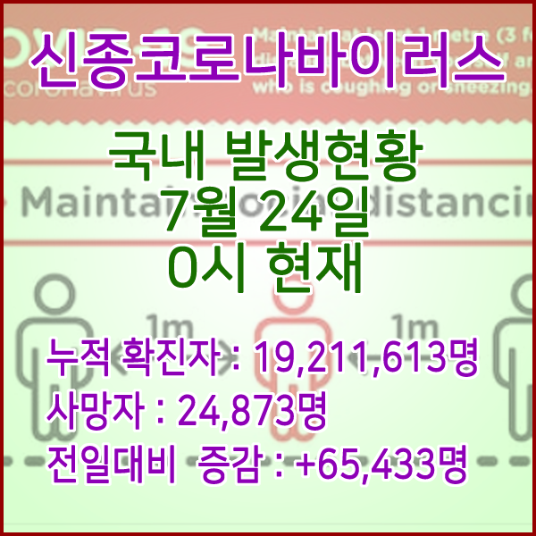  코로나19(코로나바이러스) 7월 24일 0시 신규확진자 65,433명 / 사망자 24,873명