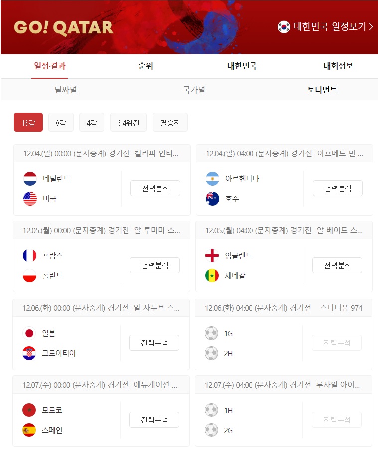 카타르 월드컵 16강 대진표 16강 일정