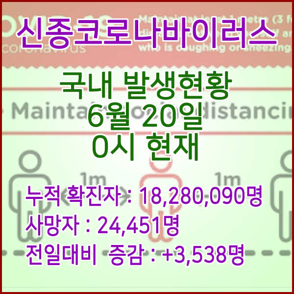  코로나19(코로나바이러스) 6월 20일 0시 신규확진자 3,538명 / 사망자 24,451명
