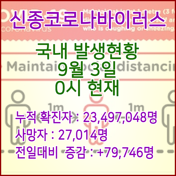  코로나19(코로나바이러스) 9월 3일 0시 신규확진자 79,746명 / 사망자 27,014명