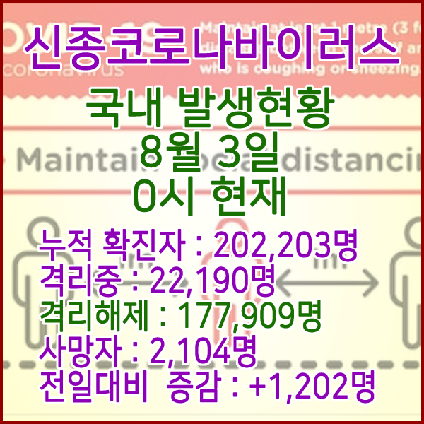  코로나19(코로나바이러스) 8월 03일 0시 국내(해외포함) 발병 202,203명 / 177,909명 완치 격리해제 / 사망자 2,104명