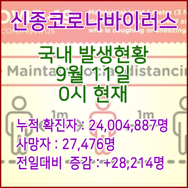  코로나19(코로나바이러스) 9월 11일 0시 신규확진자 28,214명 / 사망자 27,476명