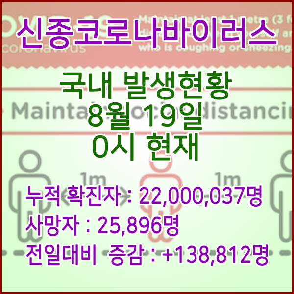  코로나19(코로나바이러스) 8월 19일 0시 신규확진자 138,812명 / 사망자 25,896명