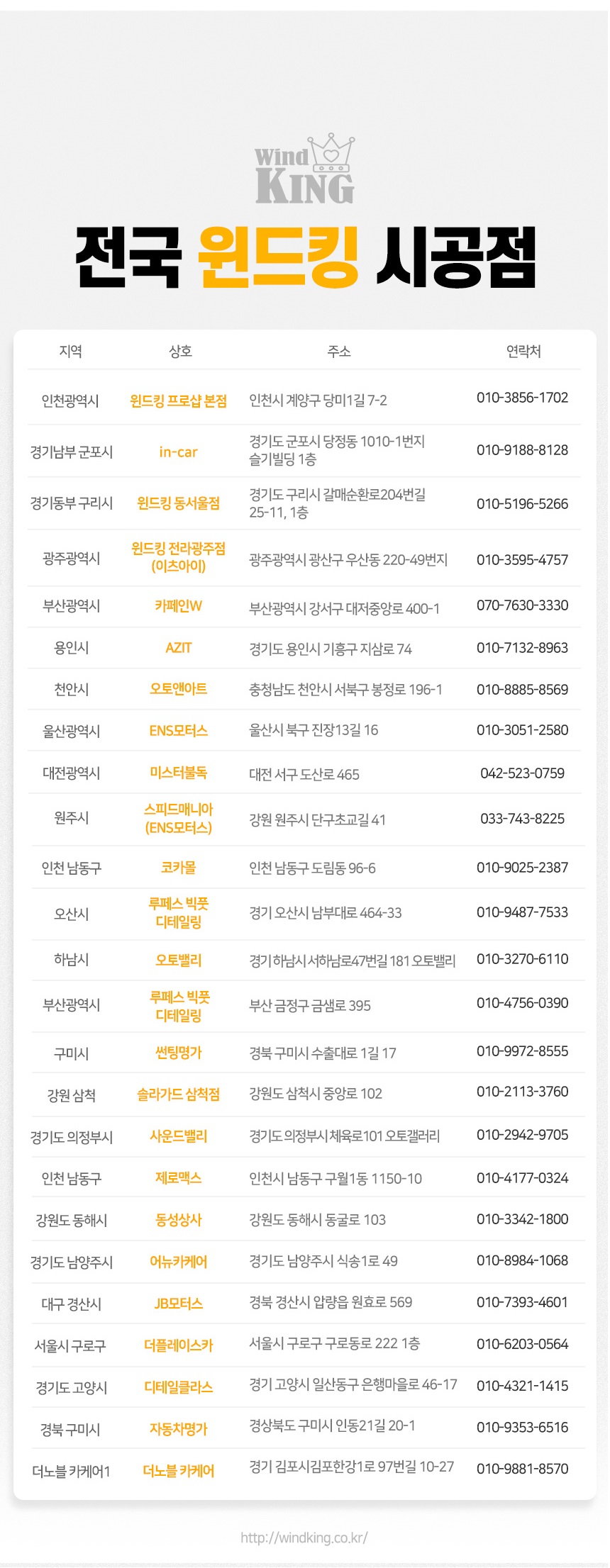  윈드킹 전국 시공점 안내