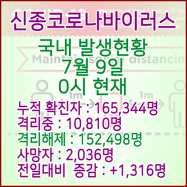  코로나19(코로나바이러스) 7월 9일 0시 국내(해외포함) 발병 165,344명 / 152,498명 완치 격리해제 / 사망자 2,036명