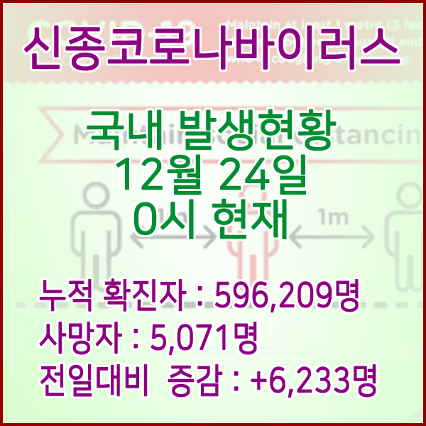  코로나19(코로나바이러스) 12월 24일 0시 신규확진자 6,233명 / 사망자 5,071명