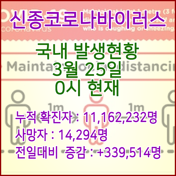  코로나19(코로나바이러스) 3월 25일 0시 신규확진자 339,514명 / 사망자 14,294명