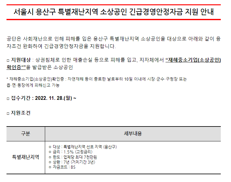 [서울] 용산구 특별재난지역 소상공인 긴급경영안정자금 지원 공고