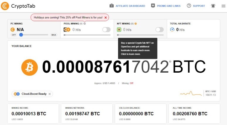 크립토탭 CryptoTab 브라우저를 통한 비트코인 채굴 현황 및 채굴 네트워크 399명 (2022.12.29)