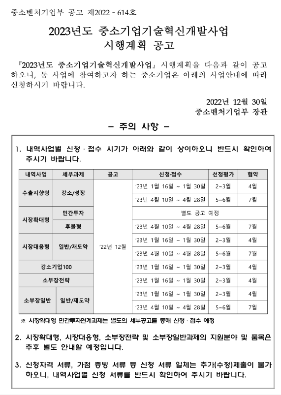 2023년도 중소기업기술혁신개발사업 '소부장일반' 상반기 시행계획 공고