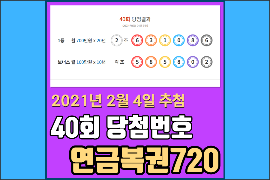  40회차 연금복권720 당첨번호 & 39회차 당첨판매점 [2021.02.04 추첨]