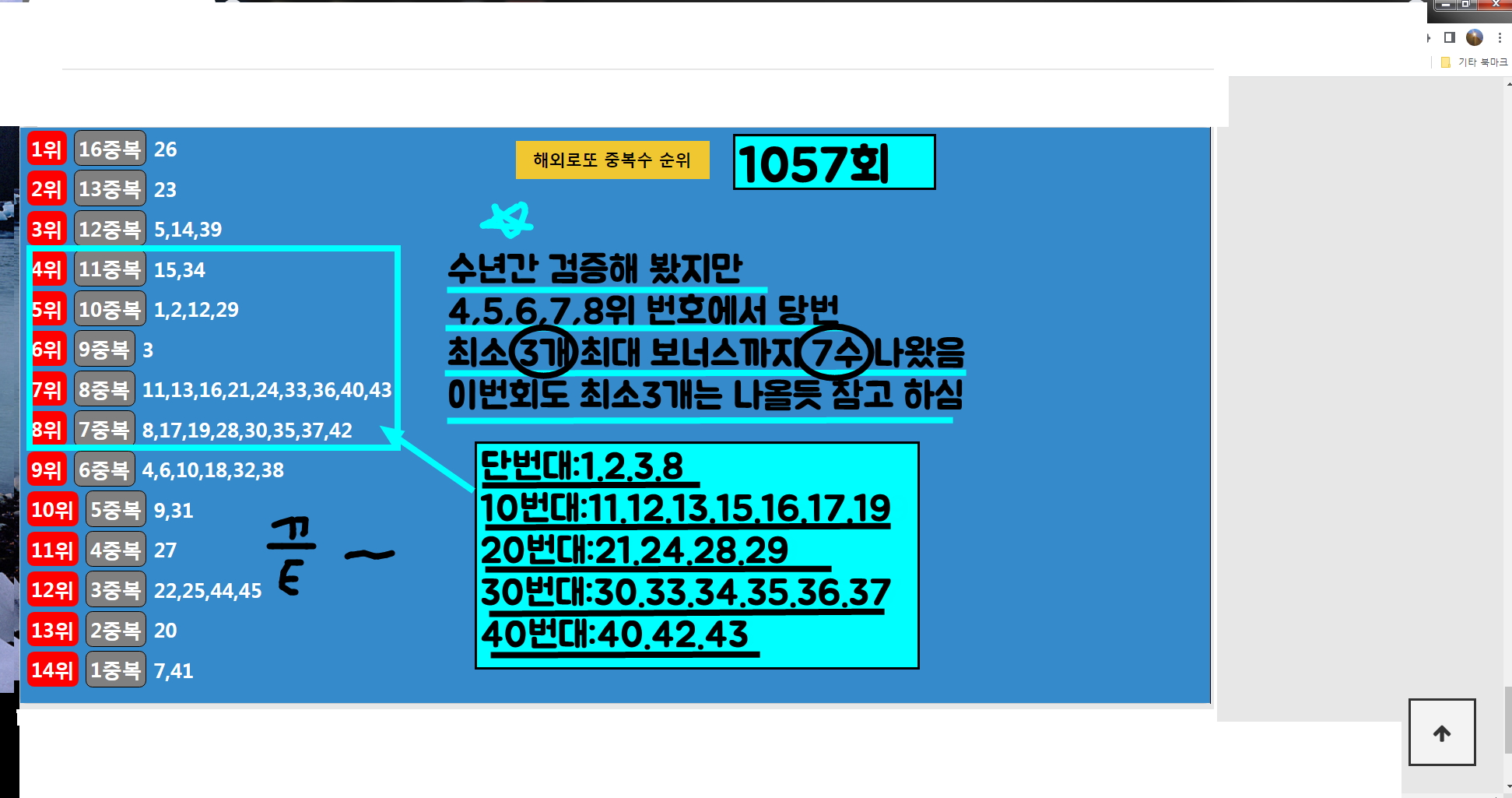  로또1057회 3수에서 보너스까지 7수 나오는 구간.선택만 잘하면 30억이다.