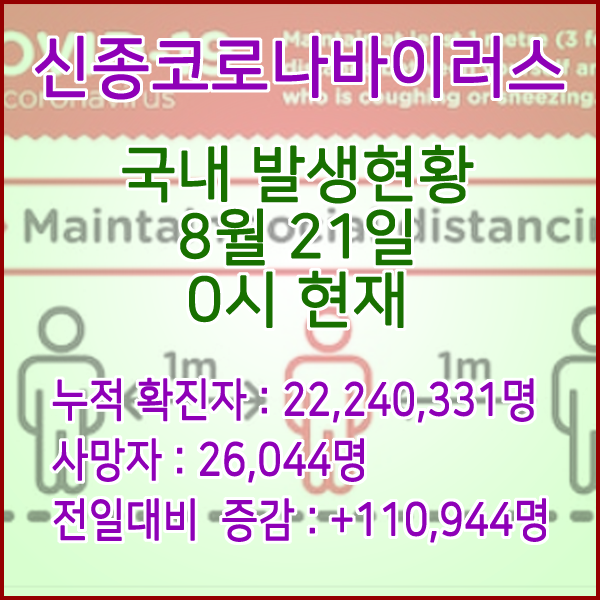  코로나19(코로나바이러스) 8월 21일 0시 신규확진자 110,944명 / 사망자 26,044명