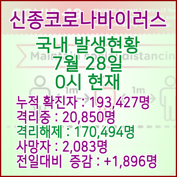  코로나19(코로나바이러스) 7월 28일 0시 국내(해외포함) 발병 193,427명 / 170,494명 완치 격리해제 / 사망자 2,083명